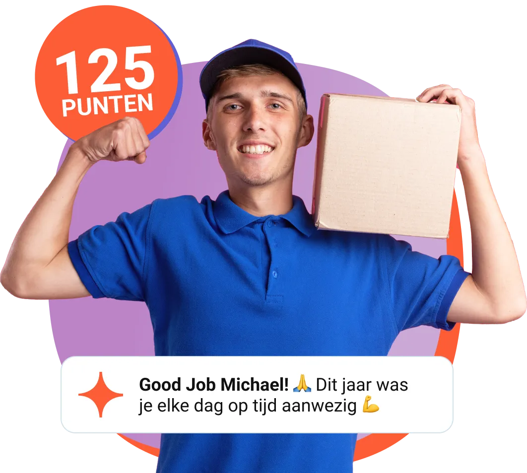 Blije werknemer in blauwe polo met armen omhoog